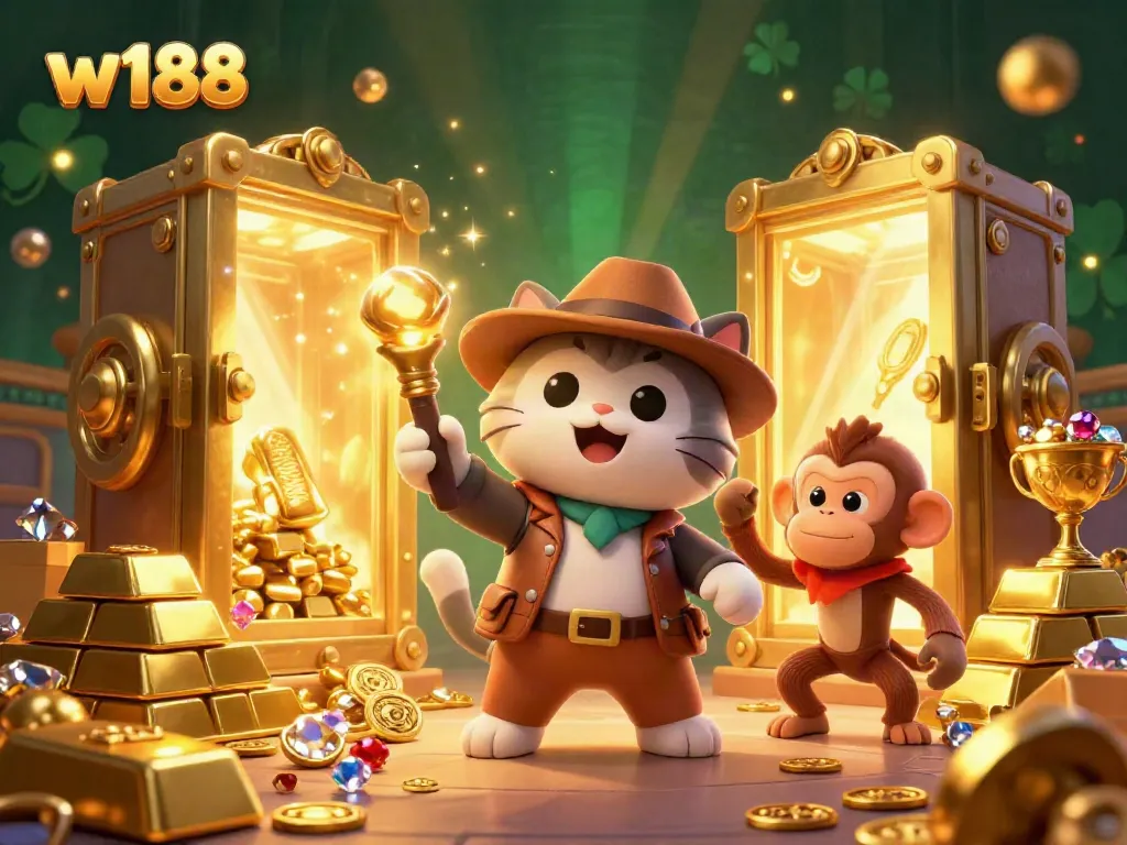 Experience the thrill of w188 casino adventures with a cat explorer and monkey amidst golden treasures.