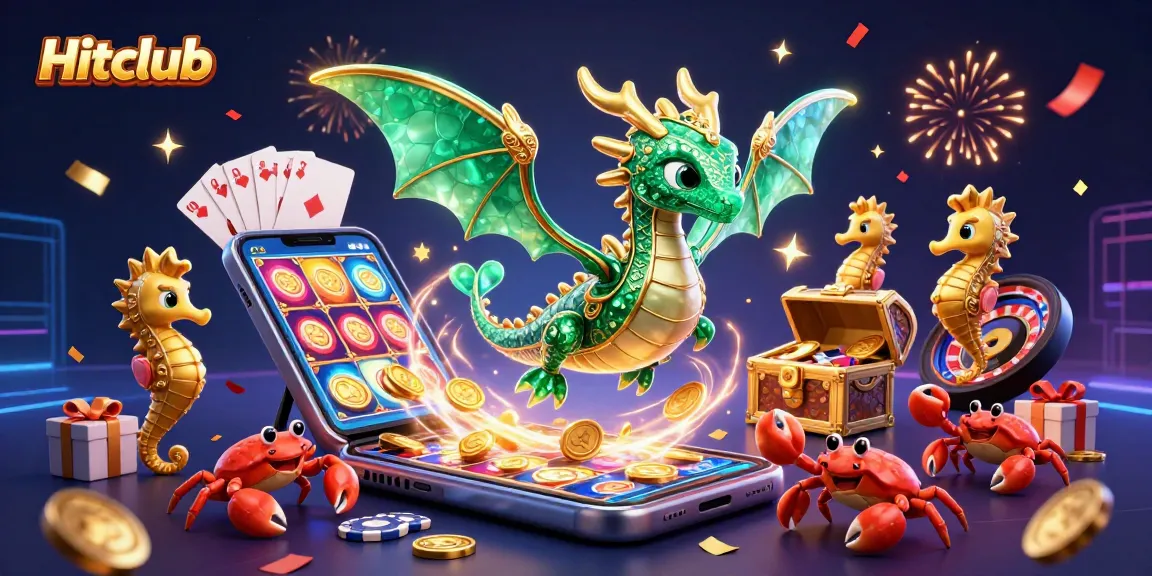 Win big at Hitclub with a vibrant 3D digital casino illustration showcasing slots, cards, and treasures.