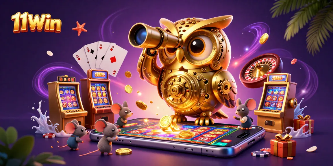 Experience the thrill of 11Win in this vibrant, dynamic casino scene with golden coins and lively characters.