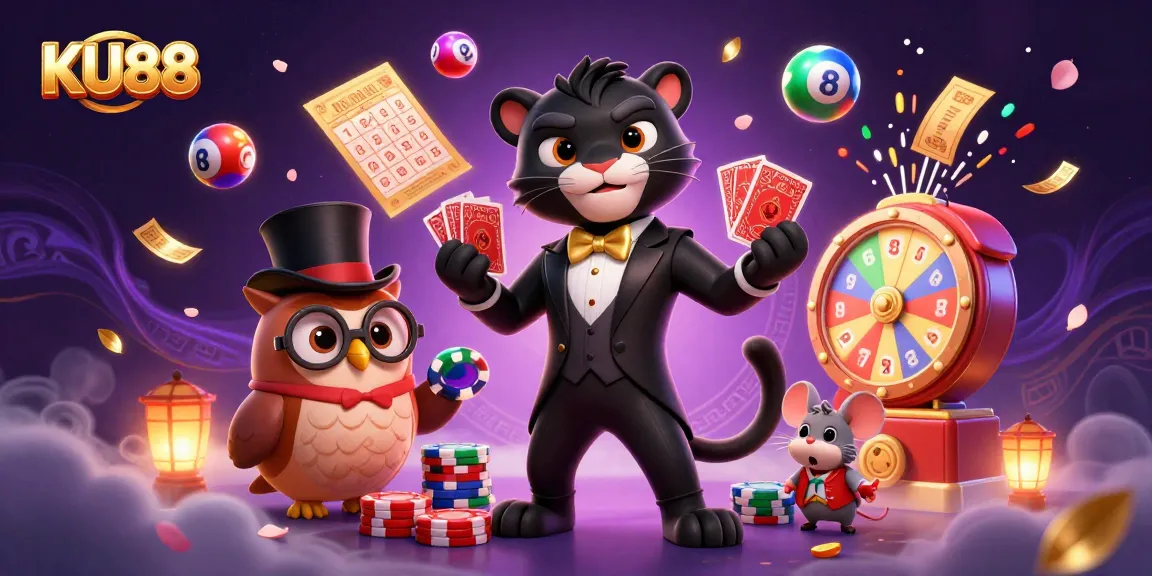 Experience the thrill of KU88 gaming with a cartoon panther, owl, and lucky mouse in a vibrant casino scene.