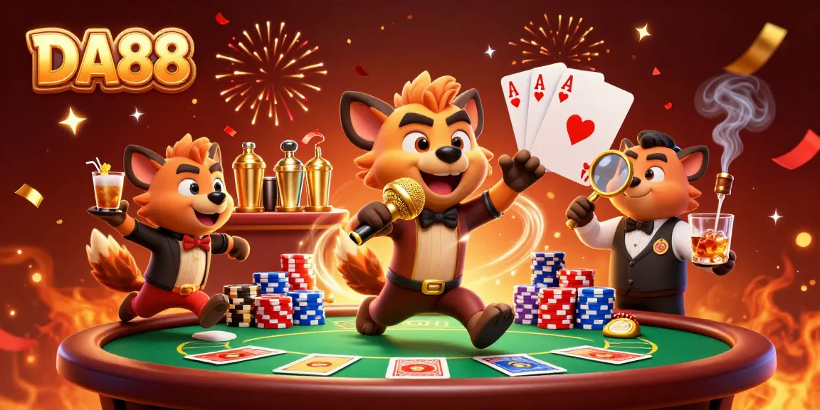 Enjoy the vibrant DA88 comedy casino featuring hyenas entertaining guests while mixing drinks and ensuring security.