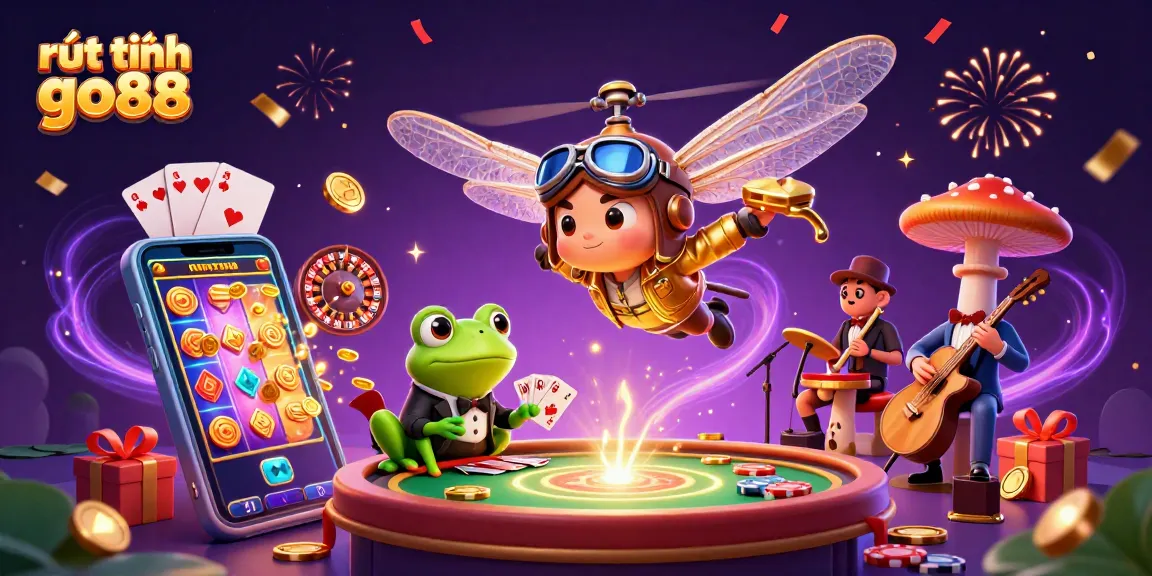 Engage in rút tiền go88 with vibrant casino elements, featuring a dramatic dragonfly pilot and frog dealer.