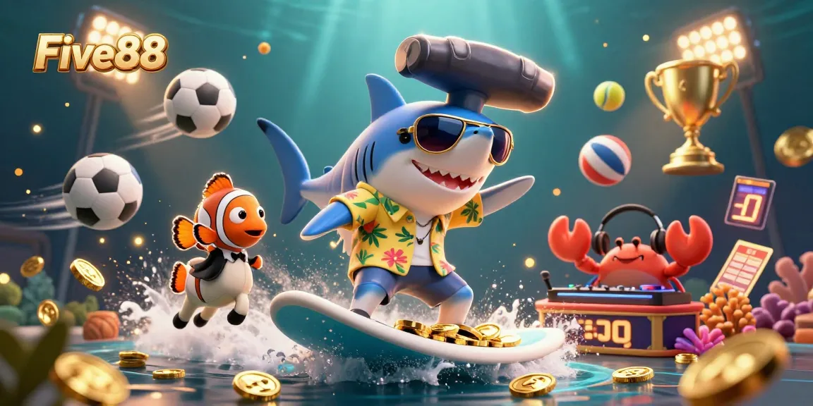 Surfing shark and clownfish illustrate Five88 casino energy with action-packed sports elements and vibrant visuals.