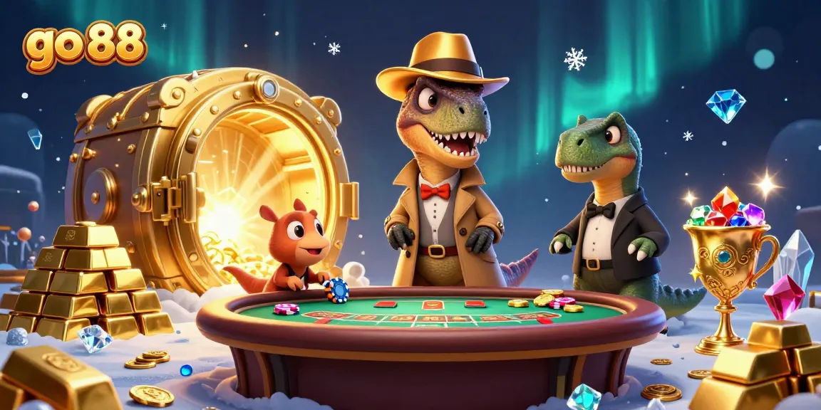 Experience the excitement of go 88 in this vibrant casino scene filled with characters, gems, and gold.