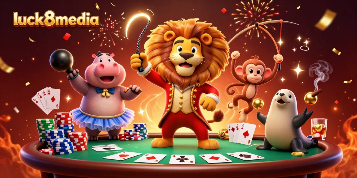Engage with luck8media as a festive lion ringmaster commands the casino scene with vibrant characters.