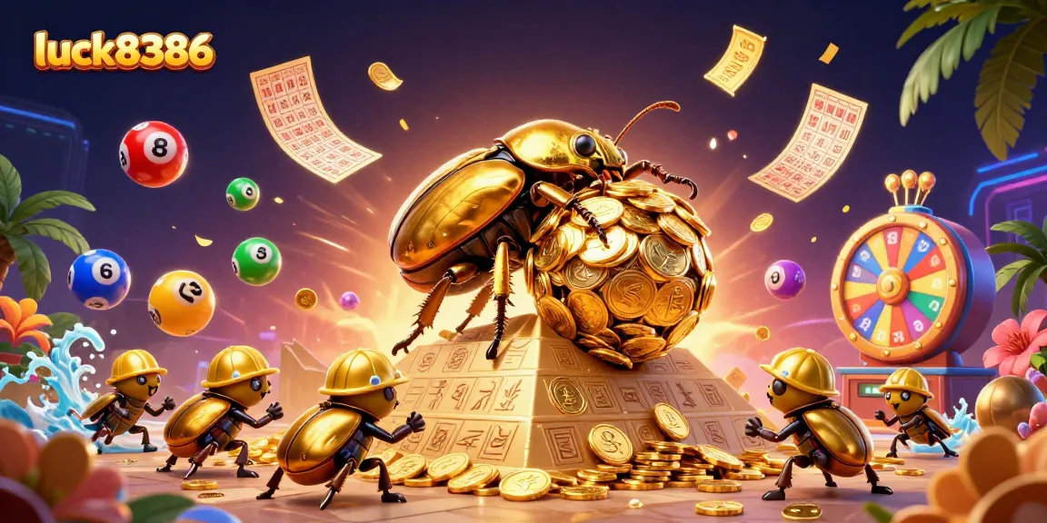 Experience luck8386 with a vibrant scene of golden coins, lottery elements, and dynamic gaming symbols.