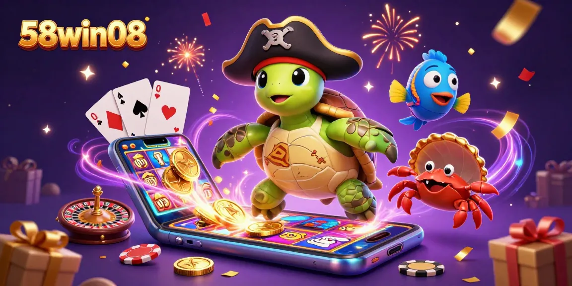 Engage with 58win08's exciting treasures while a pirate turtle seeks jackpots and rewards!