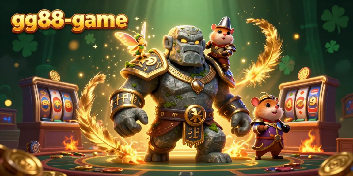 Engage in exciting gameplay at gg88-game, showcasing a vibrant casino scene with a magical golem and brave hamster knight.