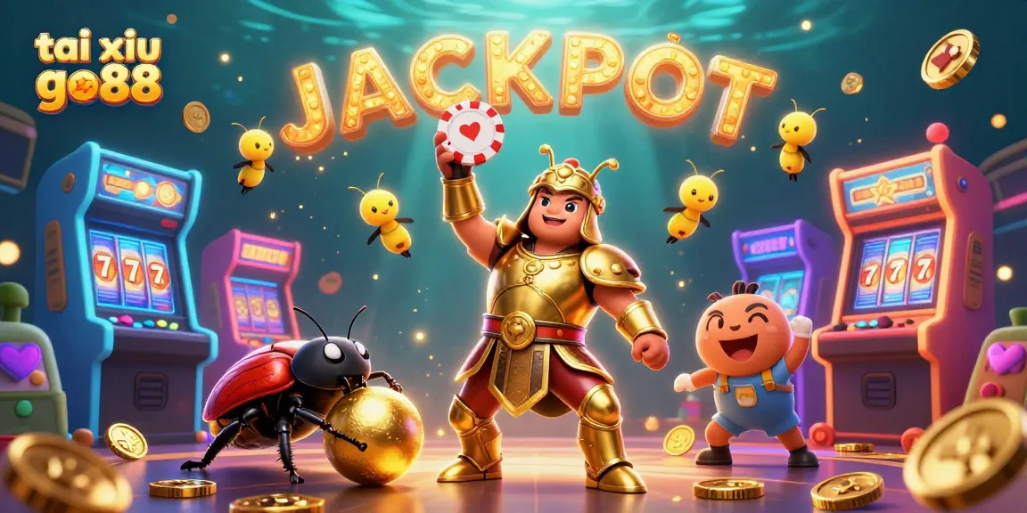 Tai xiu go88 gameplay celebration featuring a heroic beetle lifting a poker chip amid a vibrant casino world.