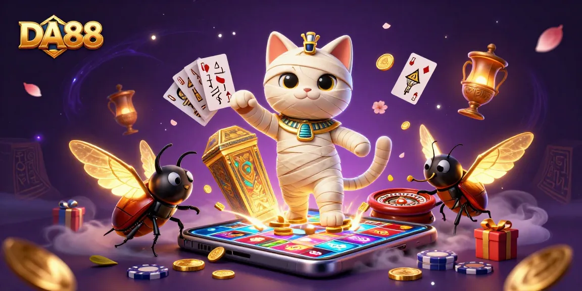 DA88 showcases the thrilling casino experience with an Egyptian mummy cat and golden slots.
