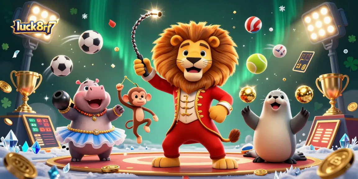Luck8rf7 captivates by showcasing a vibrant casino scene with a dynamic lion ringmaster and playful characters.