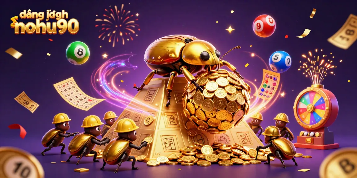 Engage in excitement with đăng nhập nohu90, as a golden beetle rolls coins amidst festive casino elements.
