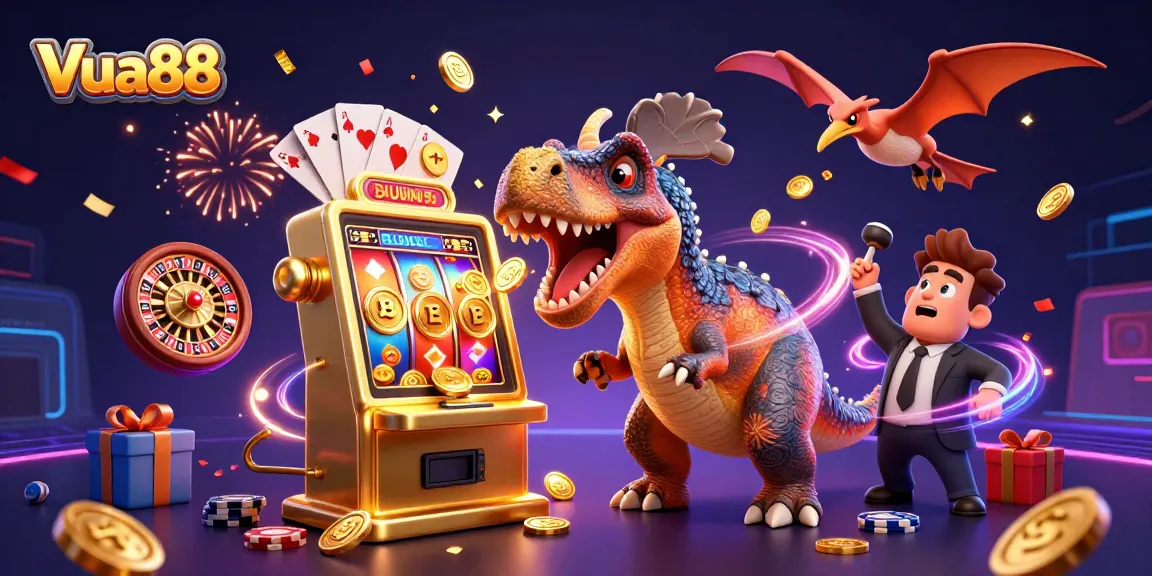 Vua88 showcases a thrilling casino scene with a dinosaur jackpot moment and flying coins.