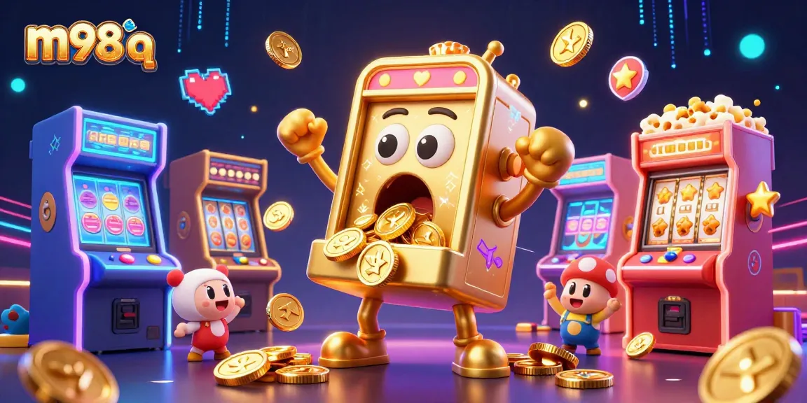 Engage with m98 q's animated slot machine celebrating a jackpot amidst captivating gaming elements.
