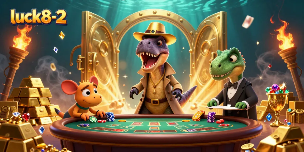 Play at luck8-2 with 3D cartoon velociraptor card counter amidst vibrant casino treasures.