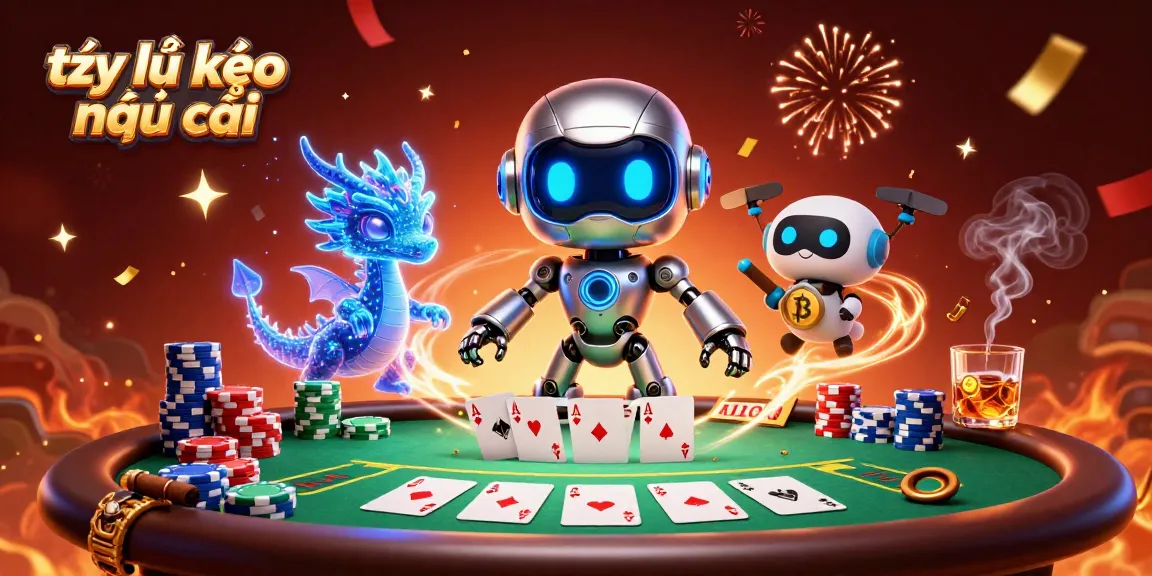 Engage in tỷ lệ kèo nhà cái with a vibrant 3D scene of a cyberpunk robot and holographic AI dragon.