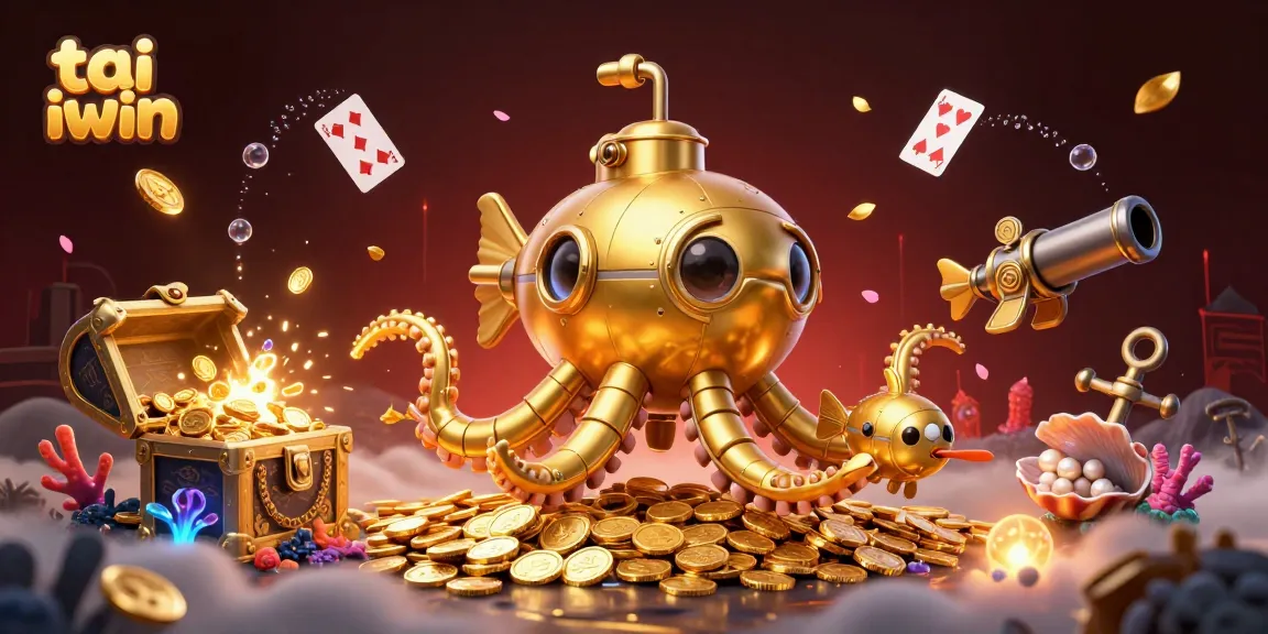 Play the exciting tai iwin games with the golden kraken submarine amidst treasure and winning cards!