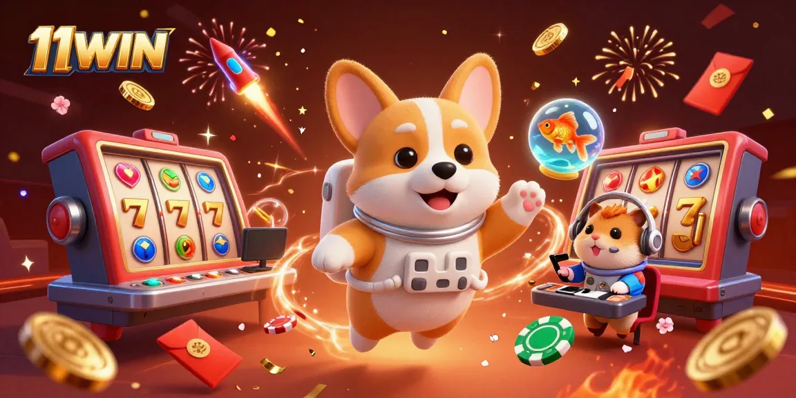 Join the excitement with 11WIN as the cartoon astronaut corgi explores a casino in space, amidst floating poker chips.