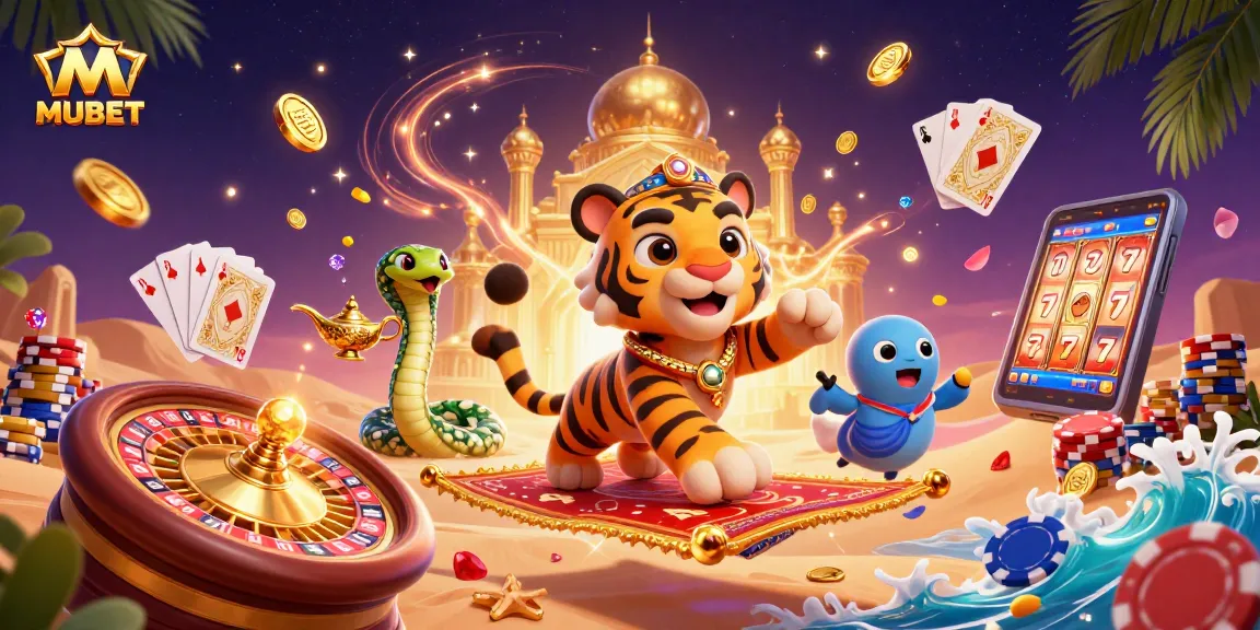 MUBET offers thrilling casino adventures with a cartoon sultan and magical elements for gamers.