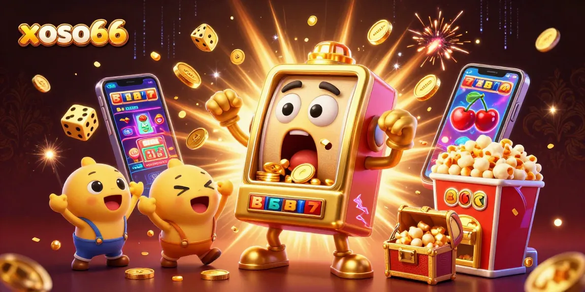 xoso66 slot machine celebrates a jackpot win surrounded by cheering baby machines and festive effects.