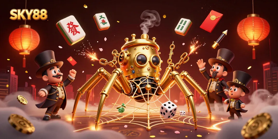 Spin the reels at SKY88 featuring a steampunk spider capturing dice in a rich casino scene