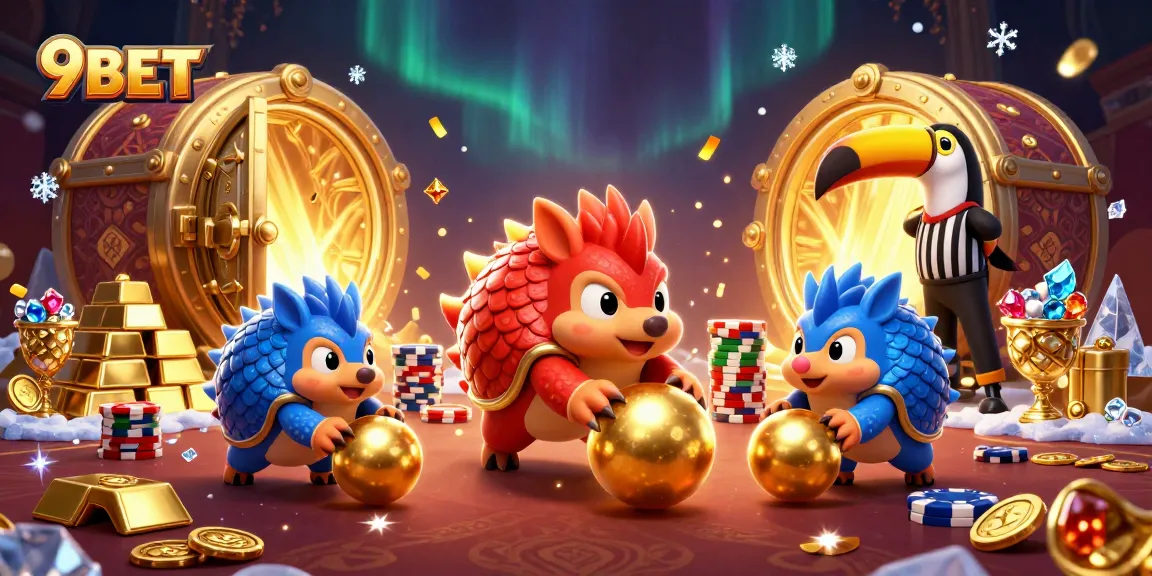 Engage with the colorful 9BET scene featuring rival pangolins in a casino setting.