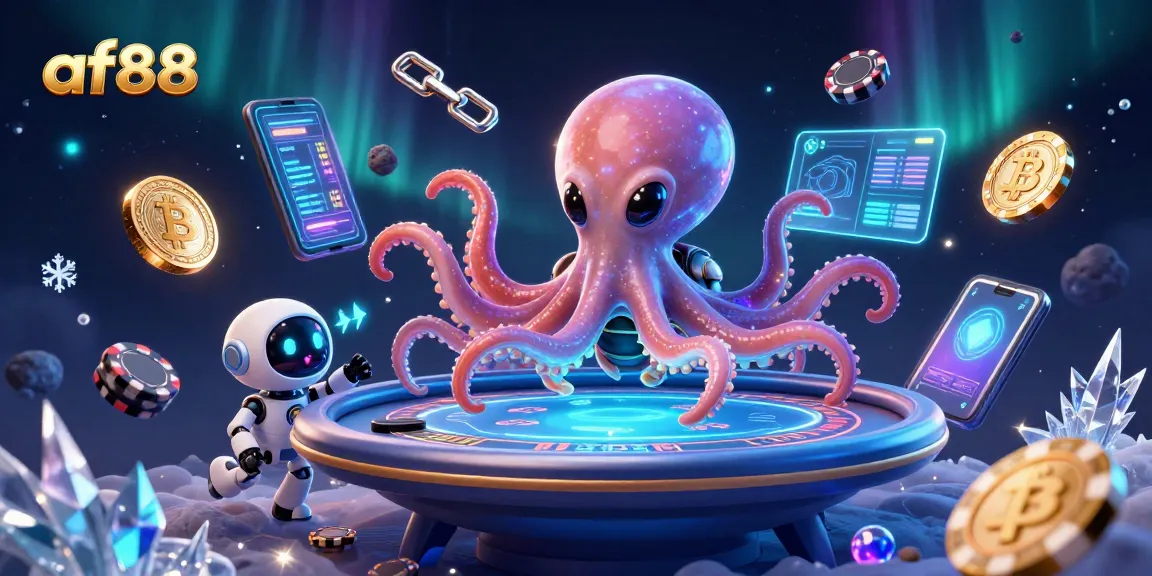 Engage with the af88 alien octopus at a glowing poker table, surrounded by space-themed gaming elements.