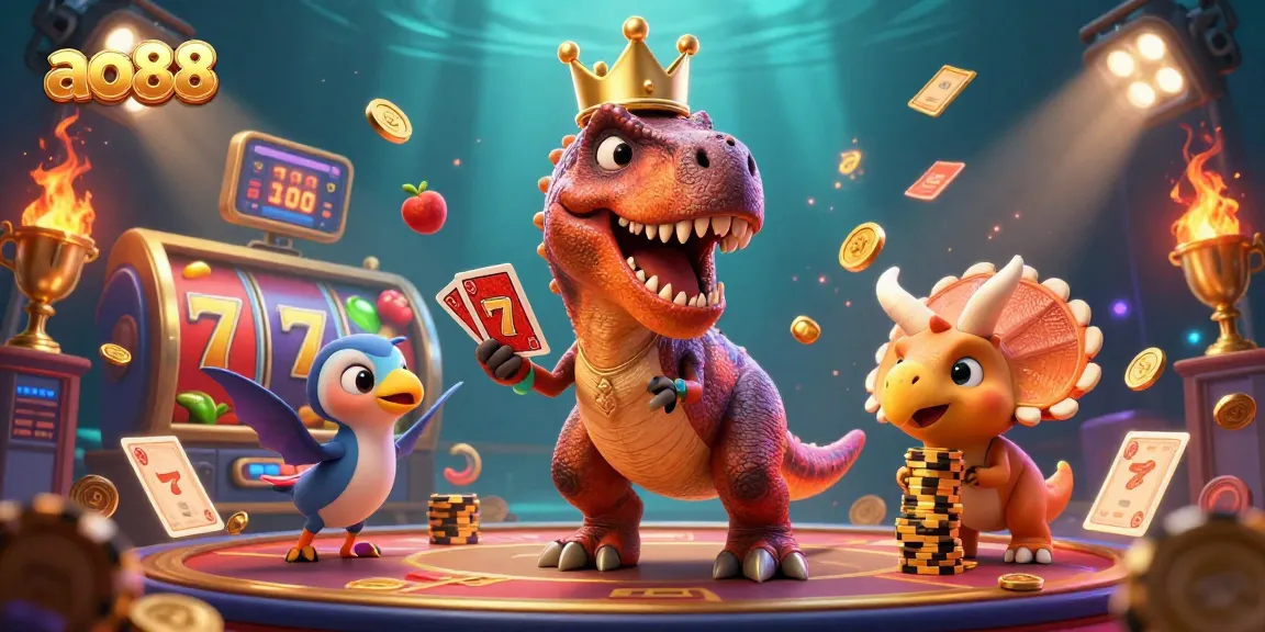 Engage in thrilling gameplay at ao88 as a T-Rex hilariously shuffles cards while winning with golden chips.