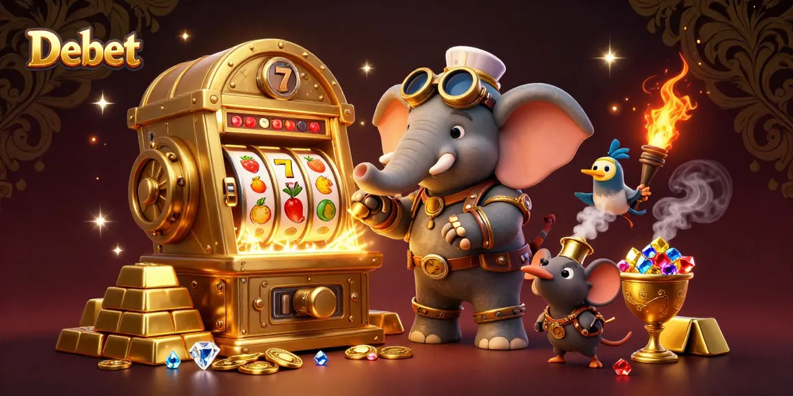 Spin the golden slot machine with Debet, featuring steampunk characters and sparkling treasures.