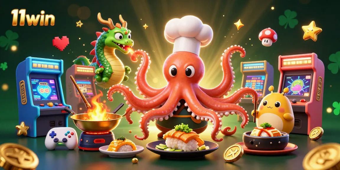 Engage with 11win's casino excitement featuring a vibrant octopus chef and dragon amid gaming glory.