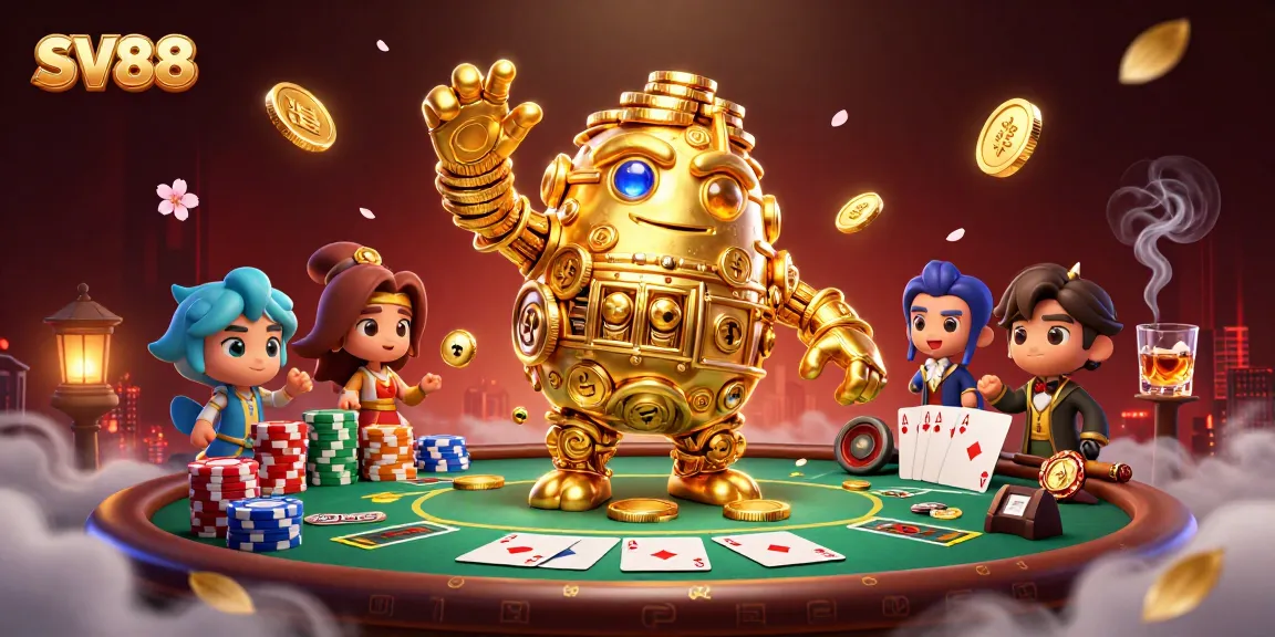 Engage in thrilling SV88 casino adventures with a golden golem surrounded by poker elements.