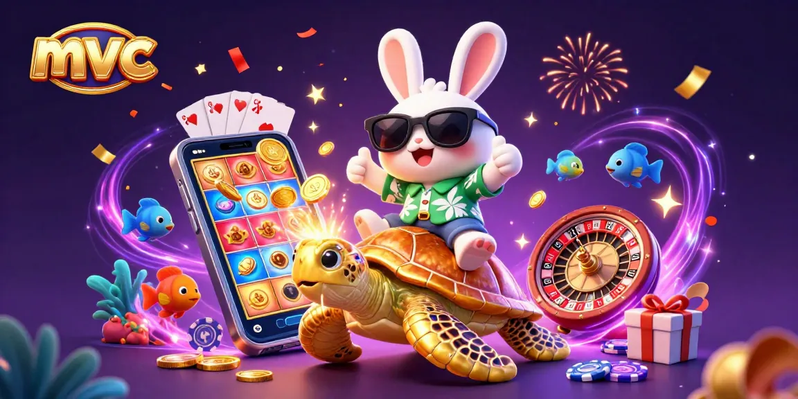 Spin slots with excitement at mvc’s vibrant 3D casino scene featuring a lucky rabbit and gold turtle.