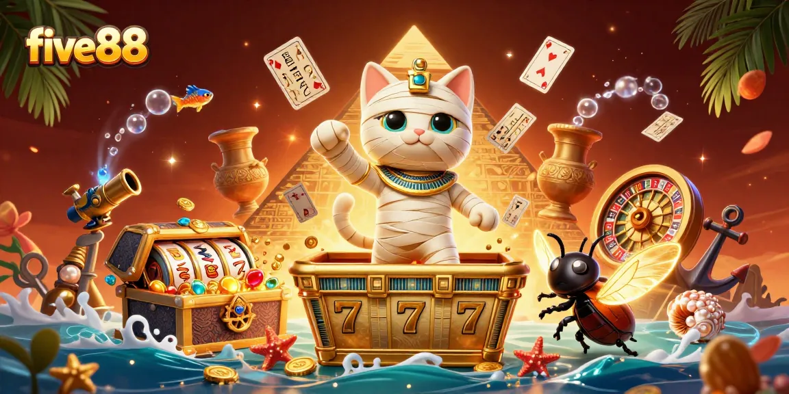 Experience thrilling jackpots at five88 with a 3D arcade scene filled with vibrant casino elements.