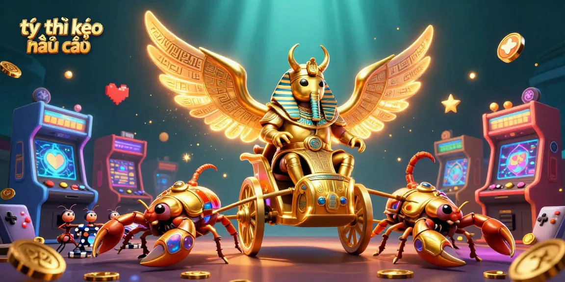 Engaging illustration of tỷ lệ kèo nhà cái featuring a golden scarab beetle in pharaoh armor among dynamic gambling elements.