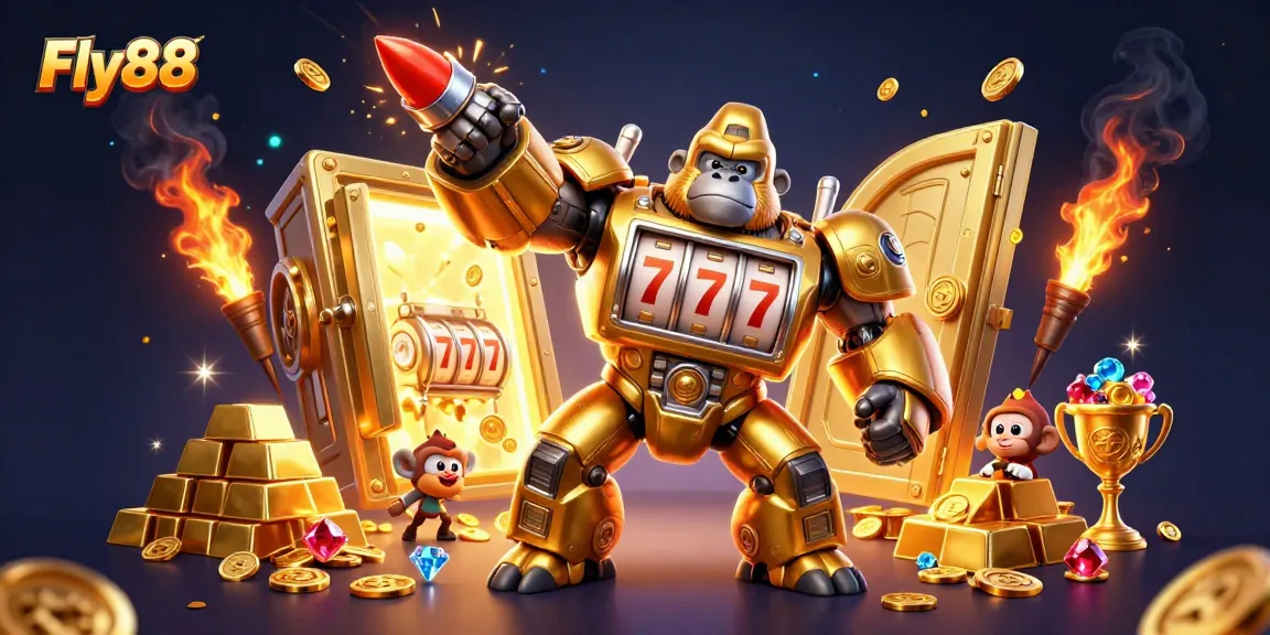 Experience thrilling wins with Fly88's golden gorilla mech and dynamic casino elements.