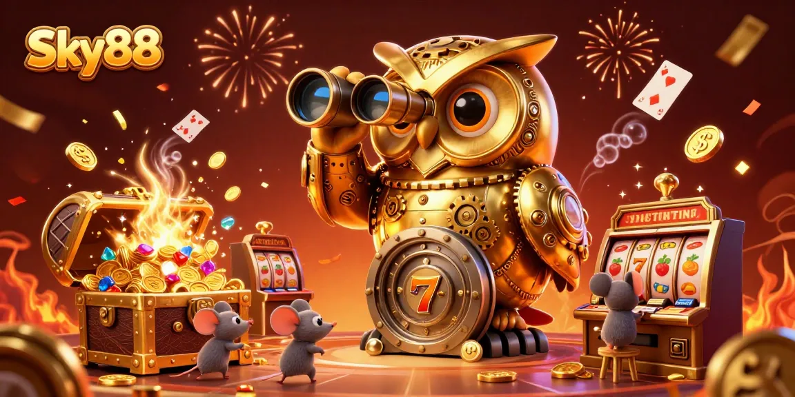 Spin the reels at Sky88 with a festive casino atmosphere full of gold coins and vibrant effects.