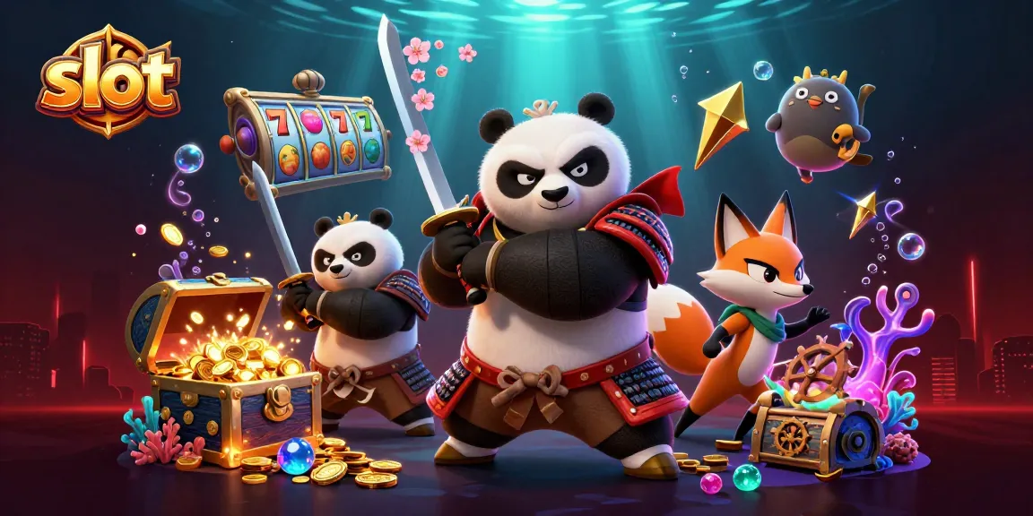 Spin the slot reels with a fierce samurai panda and ninja fox, surrounded by treasure.