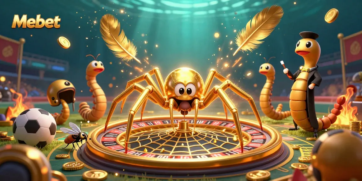 Mebet offers thrilling betting action with vibrant stadium elements and a dynamic roulette-inspired scene.