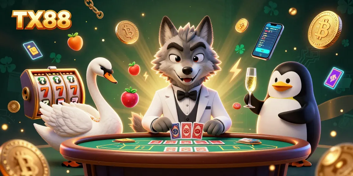 Engage with TX88's thrilling baccarat action featuring a wolf, elegant swan, and penguin sommelier.