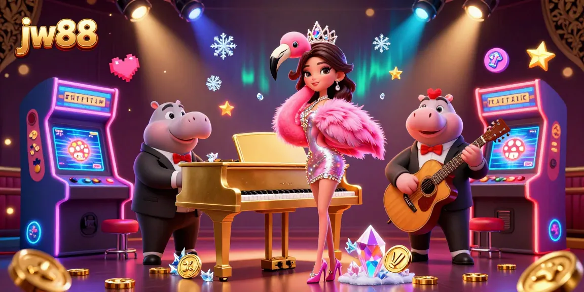 Experience the vibrant 3D casino scene with jw88 featuring cartoon characters and exciting game elements.