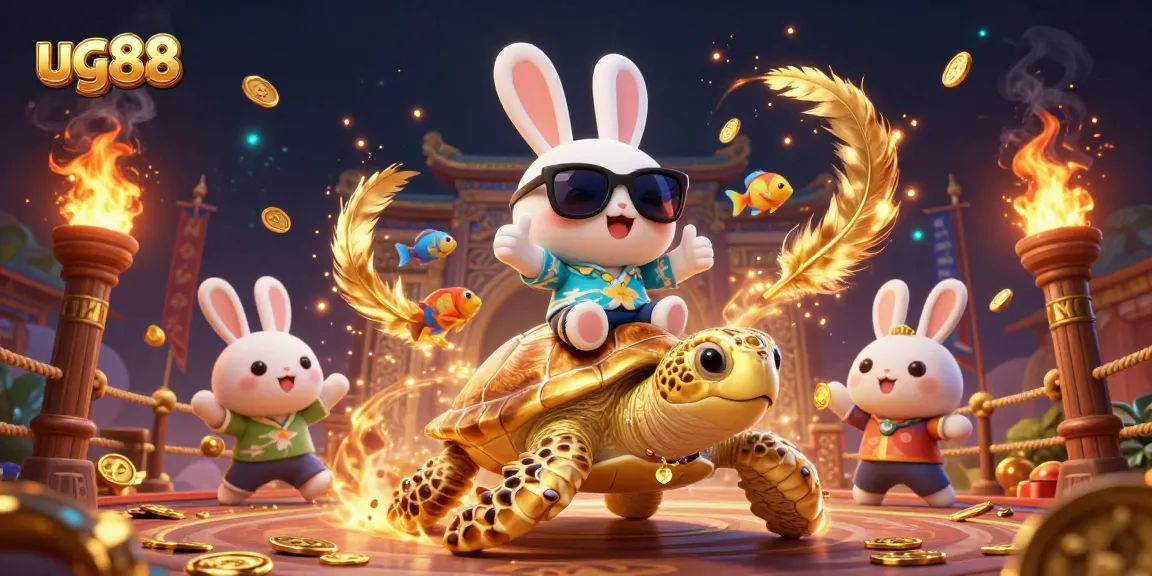 Experience thrilling action at ug88 with a cartoon lucky rabbit and golden sea turtle in a vibrant casino scene.
