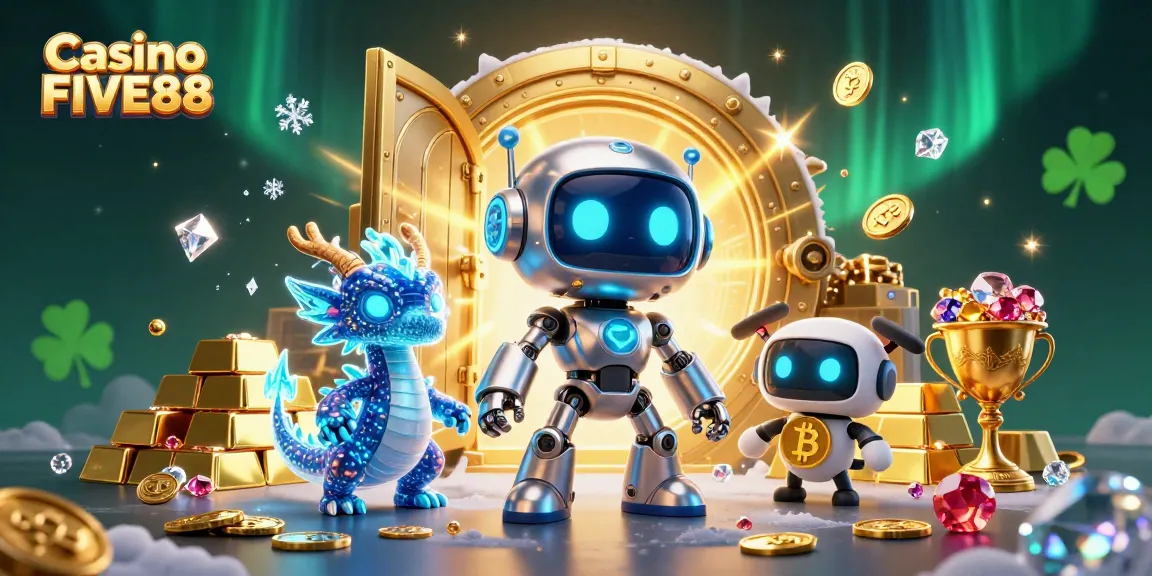 Experience excitement with Casino FIVE88 as vibrant characters explore golden treasures and gems.