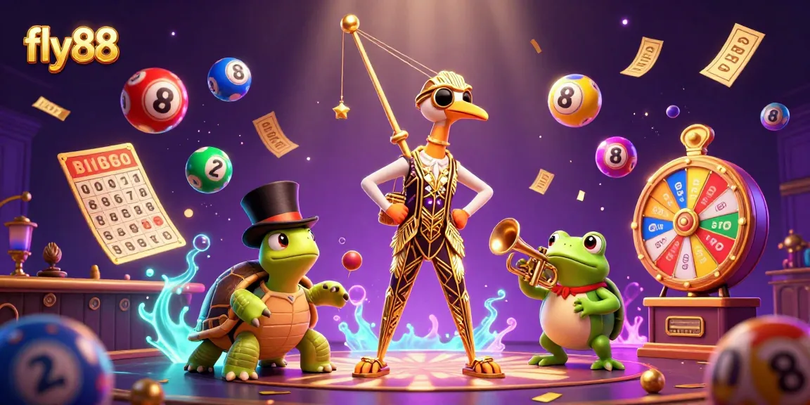 Join the excitement with fly88, where a colorful scene unfolds with dynamic lottery elements and engaging characters.