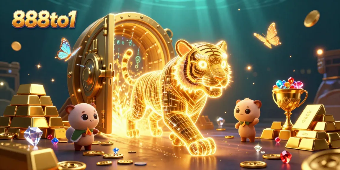Experience thrilling adventures at 888to1 with a golden tiger amidst shining treasures in a digital casino.