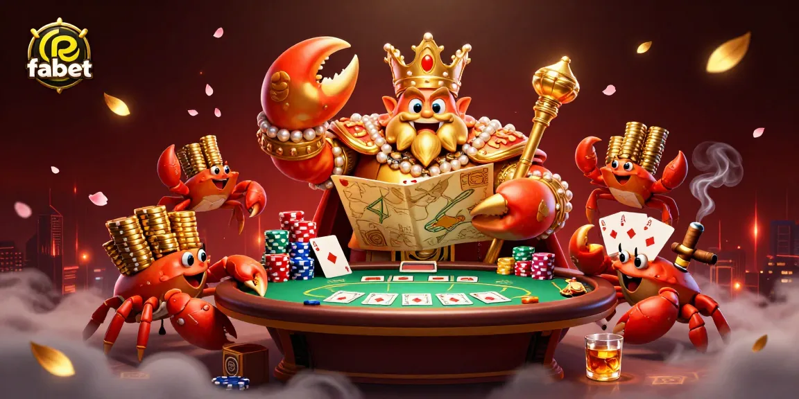Play fabet games with a vibrant illustration of a golden crab emperor and poker elements.