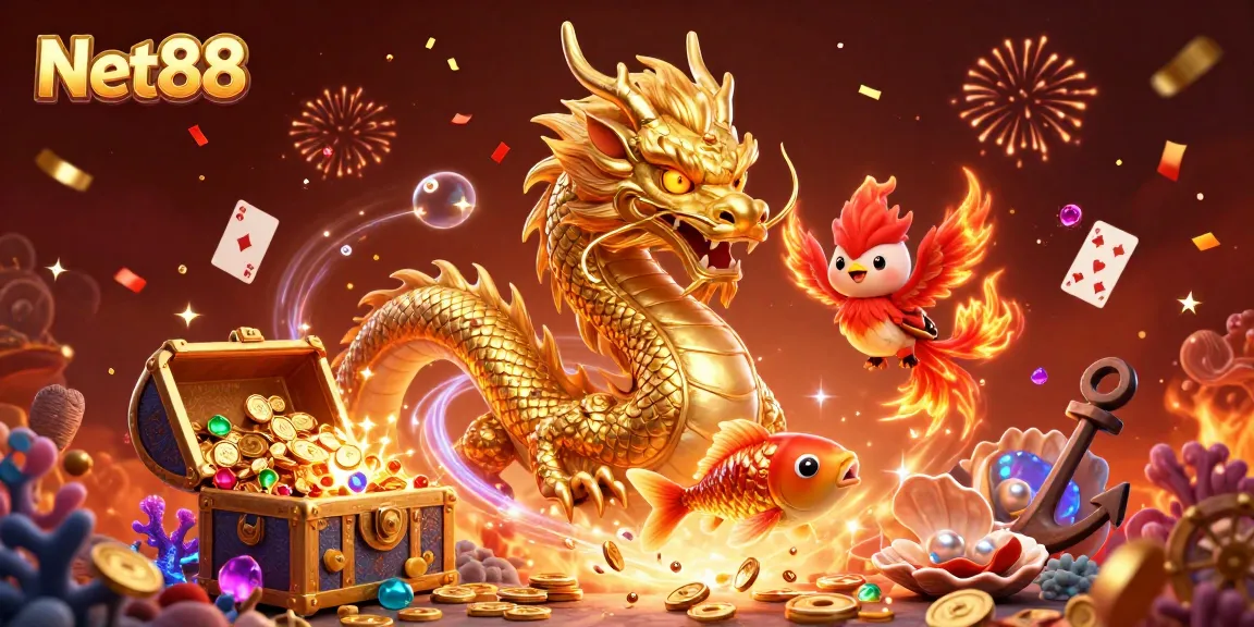 Experience the thrill of Net88 with a vibrant 3D scene of a dragon, phoenix, and koi fish enhancing casino excitement.