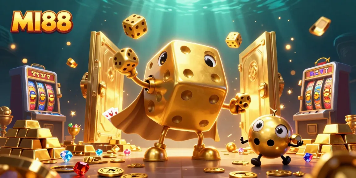 Experience the excitement of MI88 online casino with a vibrant 3D illustration of dice and treasures.