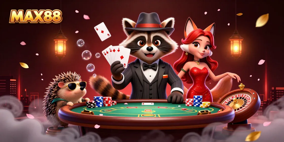 MAX88 captivates players with a raccoon in a suit, a card royal flush, and vibrant casino elements.