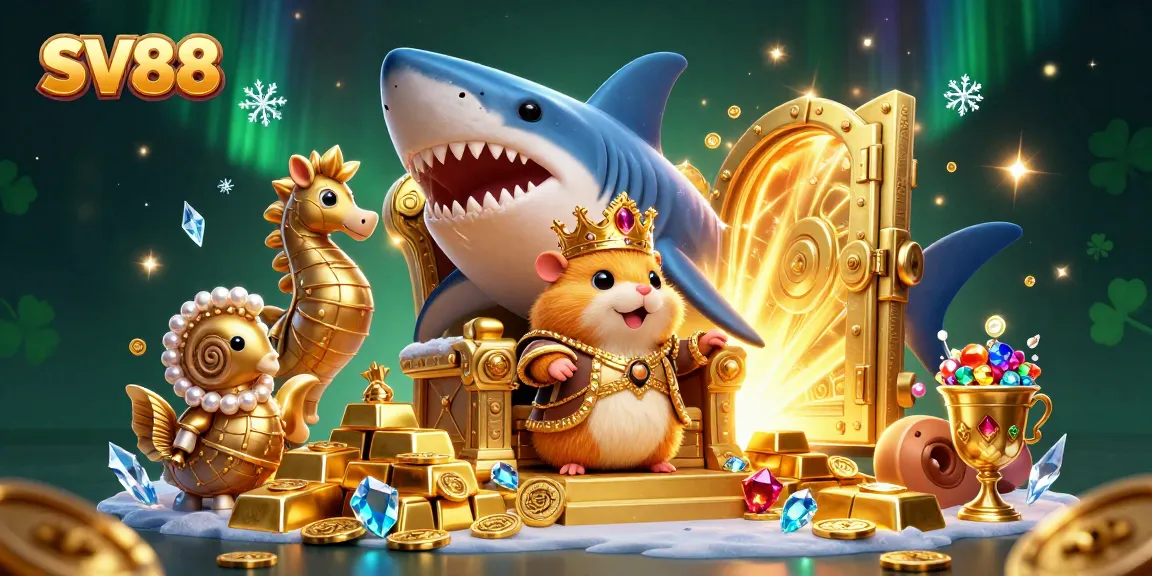 Experience thrilling gaming at SV88, featuring a fierce hamster king surrounded by treasures and royal guards.