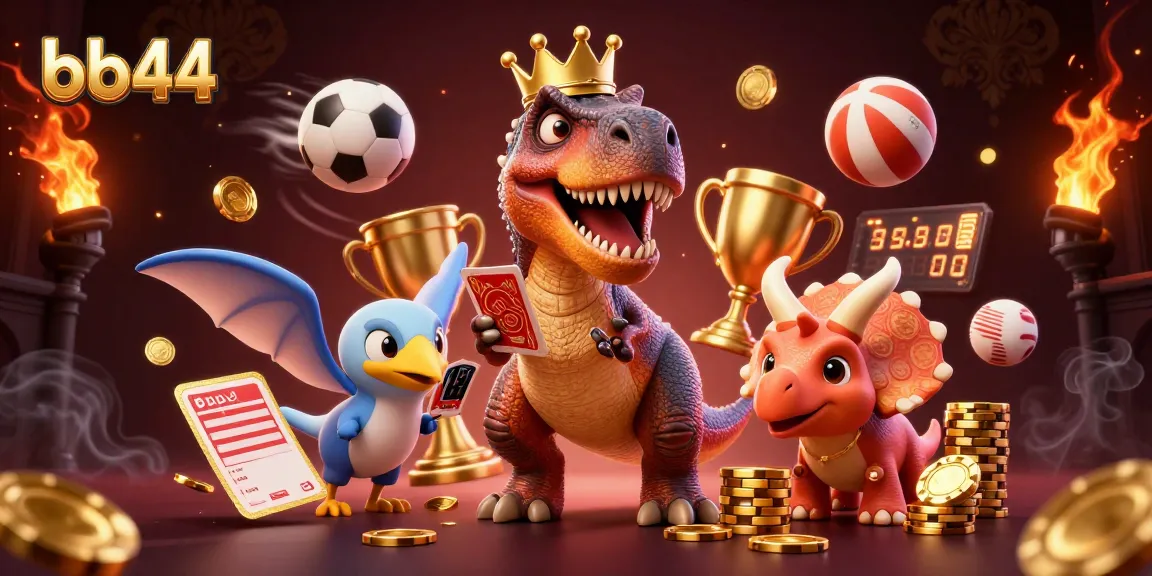 Bet now with bb44 in this vibrant online casino scene featuring playful dinosaur characters.